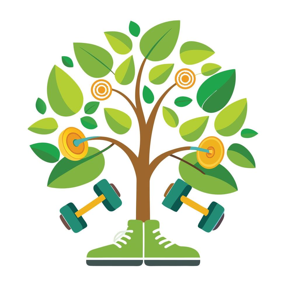 Artistic tree rendition with gym dumbbell and sneaker leaves symbolizing an active life vector