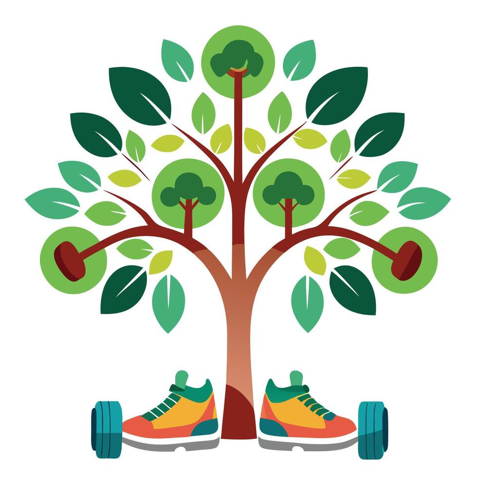 Imaginative tree artwork where gym dumbbells and running shoes act as vibrant leaves vector