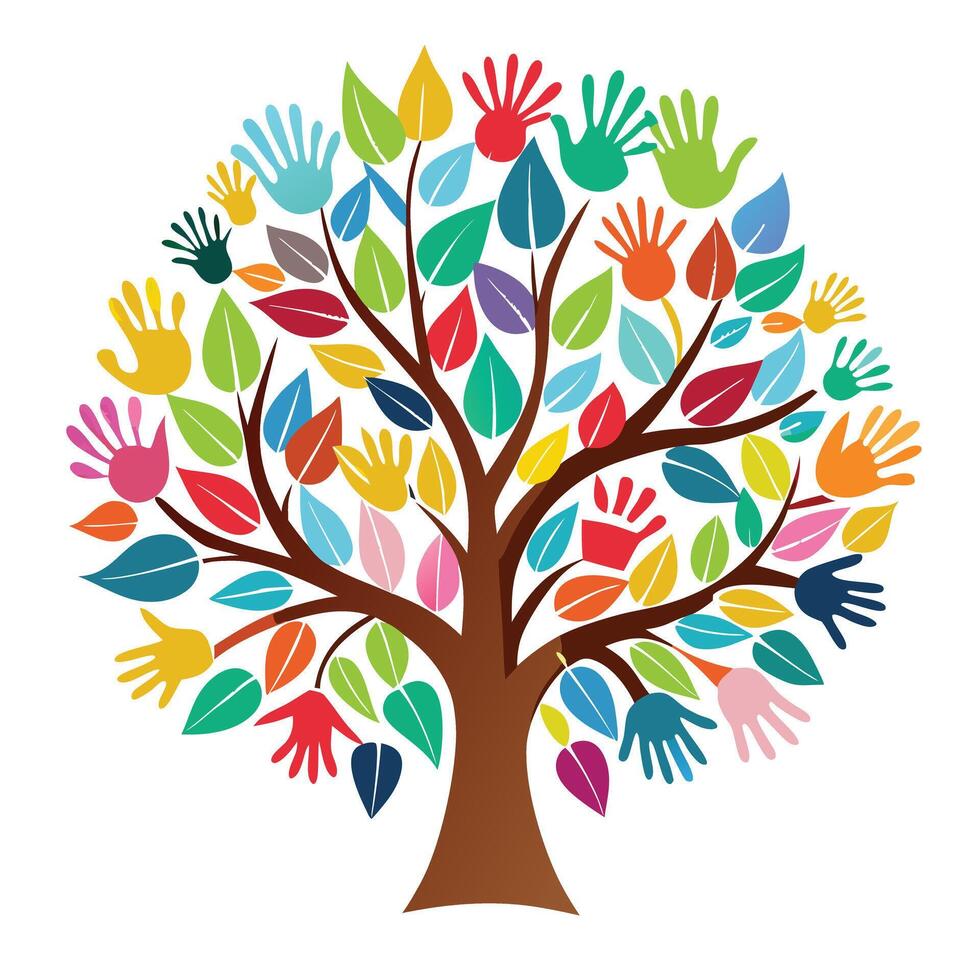 Creative tree illustration with handprint foliage symbolizing unity and natural development vector