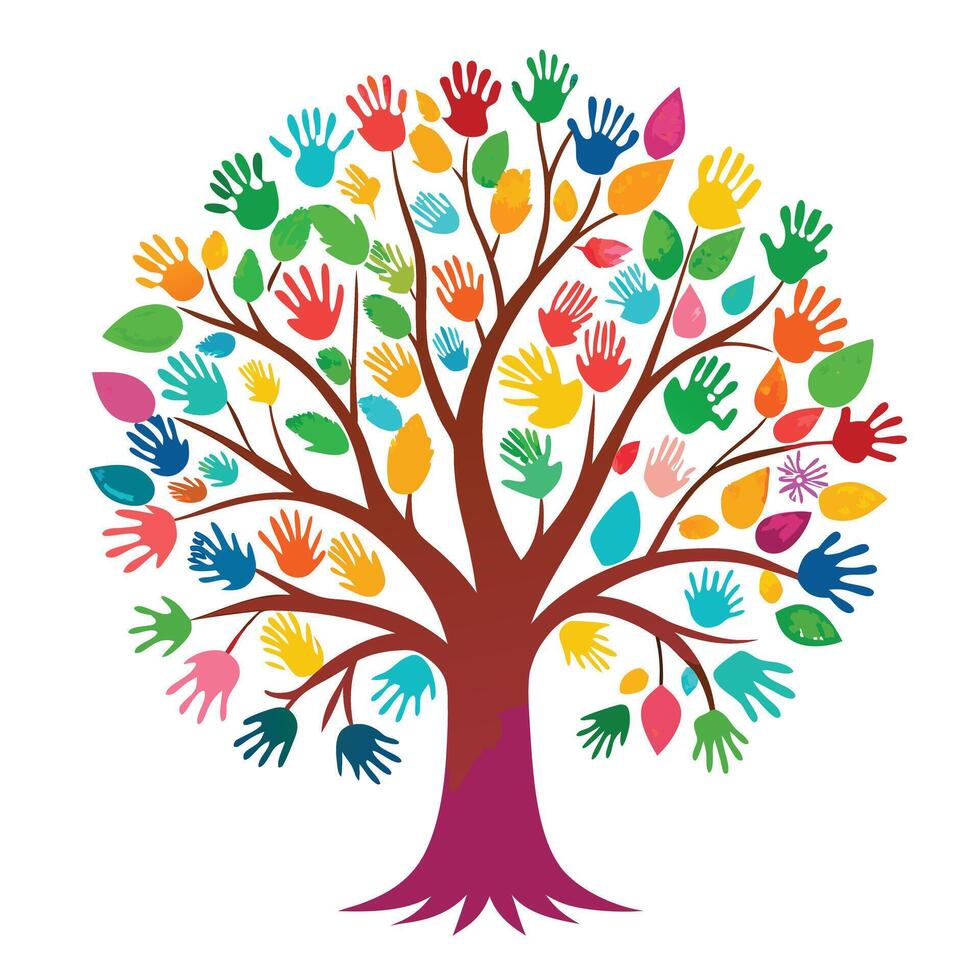 Imaginative tree illustration with a handprint canopy signifying human connection to the natural world vector