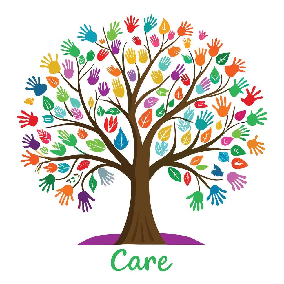 Symbolic tree artwork with handprints as leaves conveying themes of human impact and ecological responsibility vector