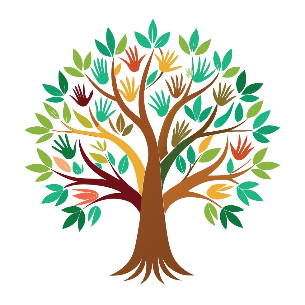 Symbolic tree design with hands forming the branches illustrating connection and interdependence vector