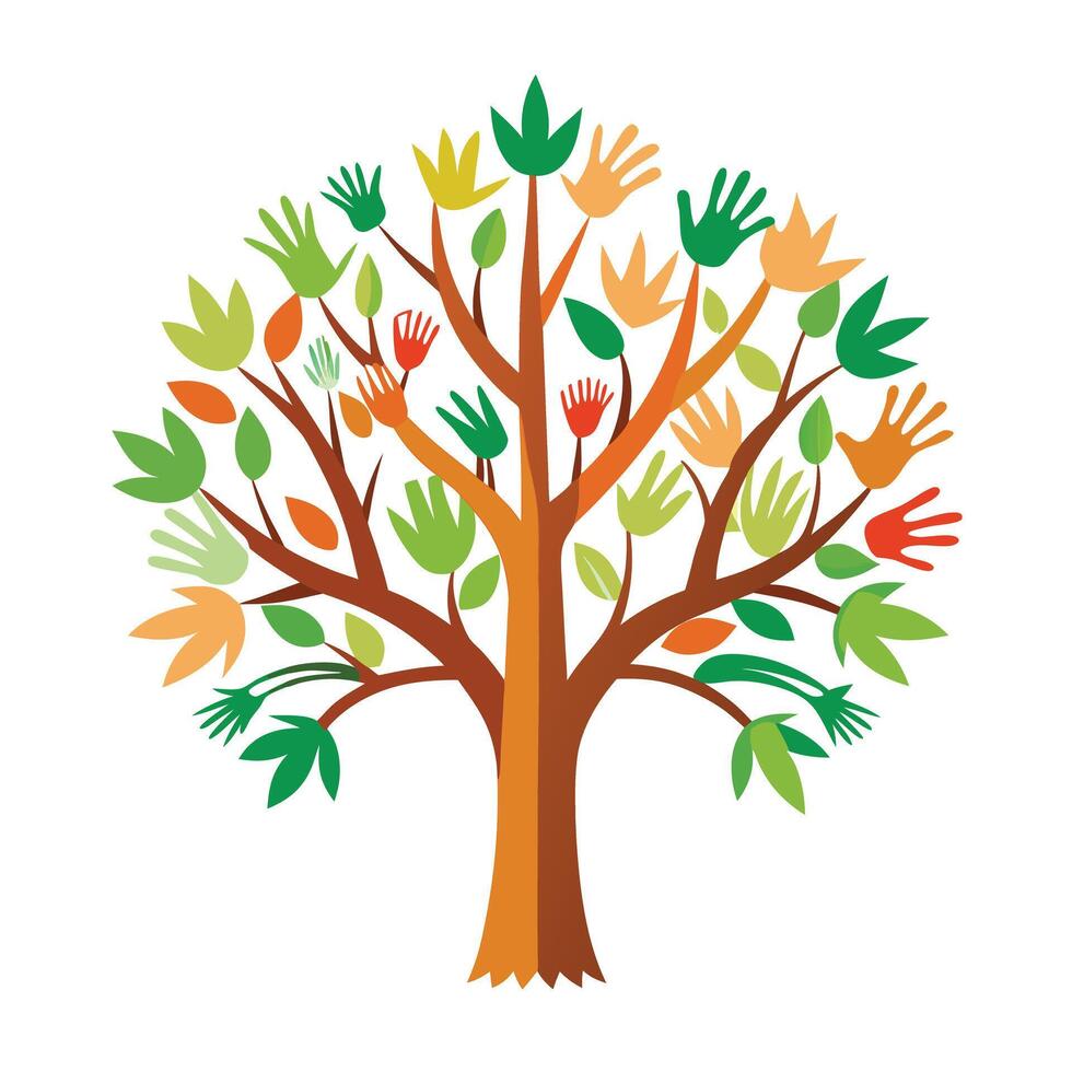 Conceptual tree illustration with hands as branches signifying the importance of unity and connection vector