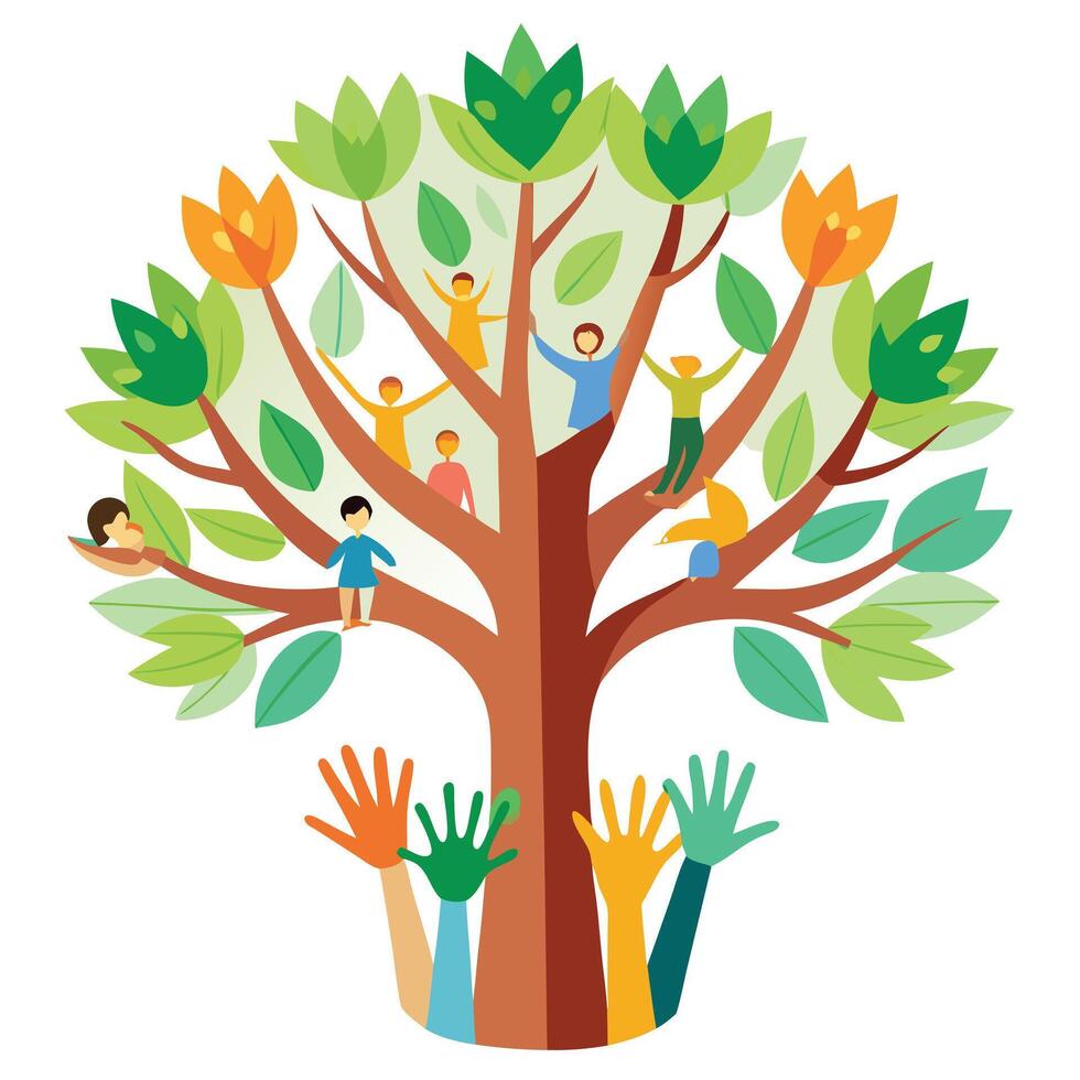 Conceptual tree artwork with hands cradling the trunk symbolizing our connection to the natural world vector