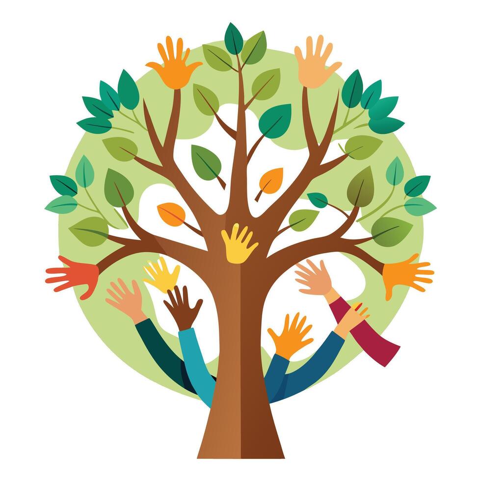 Artistic tree illustration with hands embracing the trunk conveying themes of environmental stewardship vector