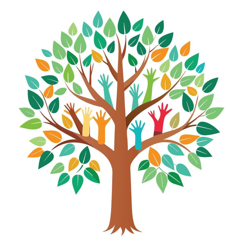 Inspiring tree illustration with hands reaching upward as leaves symbolizing growth and aspiration vector