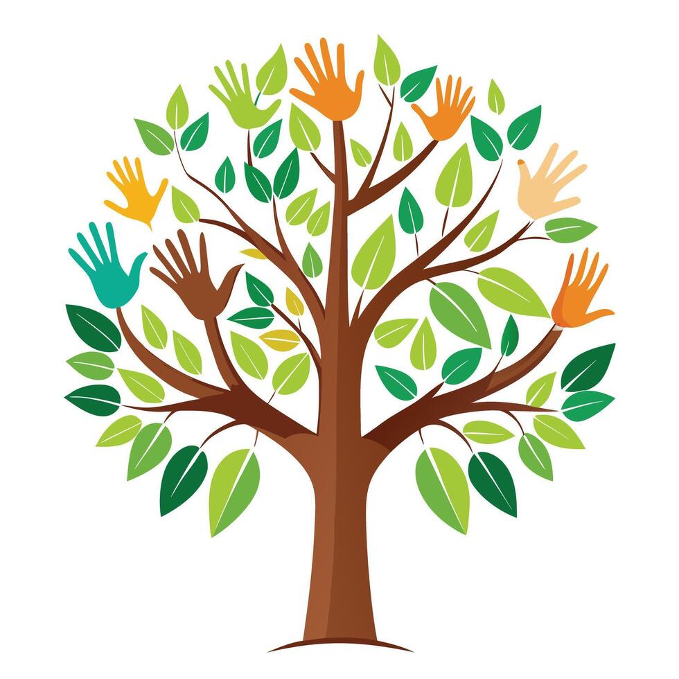 Creative tree illustration with hands as leaves stretching upwards signifying progress and future possibilities vector