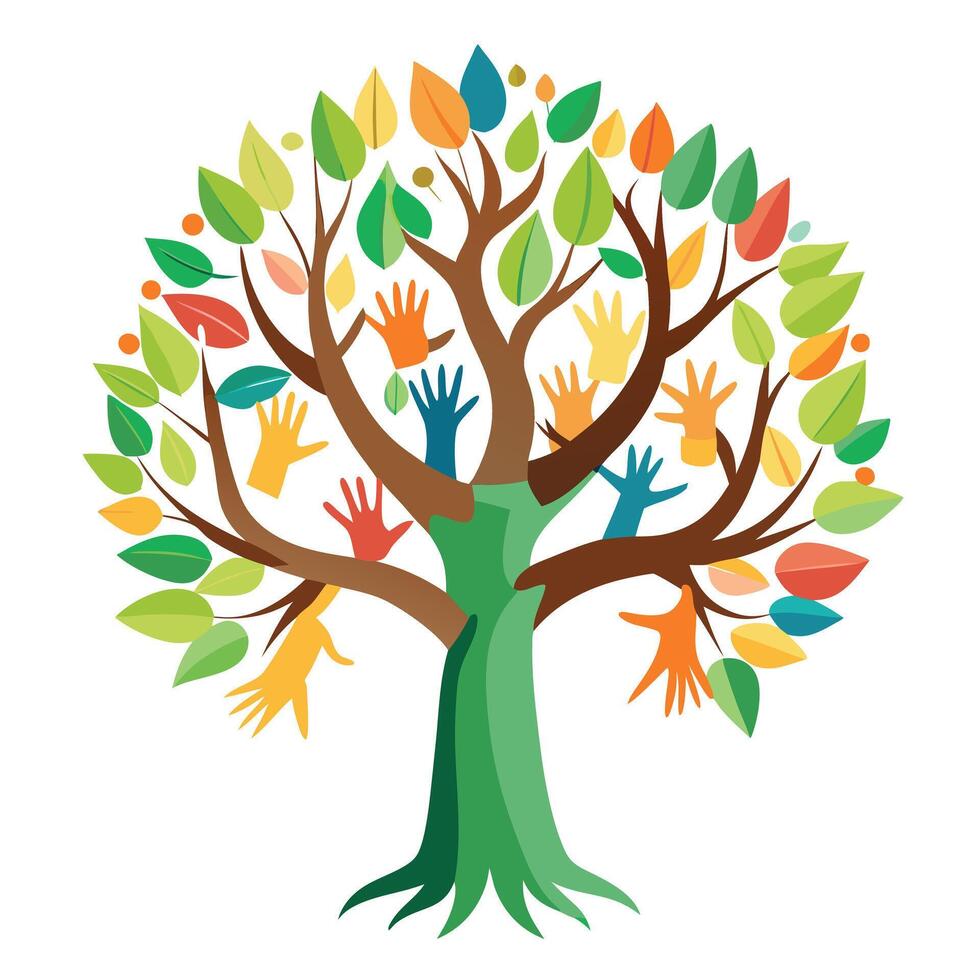 Creative tree design with hands supporting the trunk representing the importance of environmental support vector