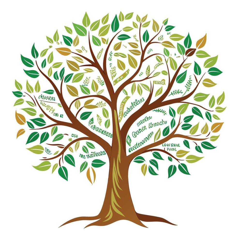 Beautiful tree illustration with handwritten script foliage for creative and artistic projects vector