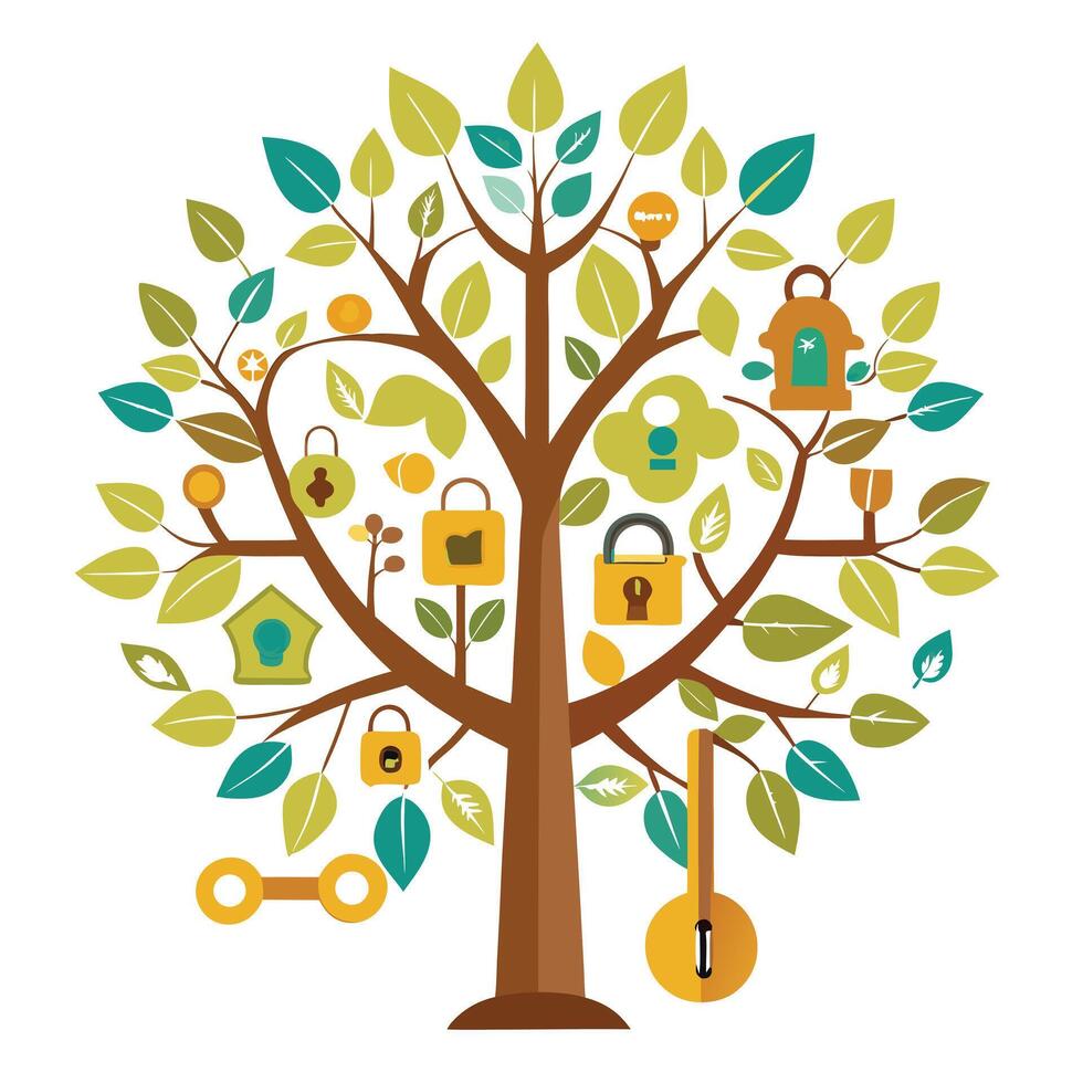 Symbolic tree design with hanging key and lock leaves representing security, solutions, and opportunities vector
