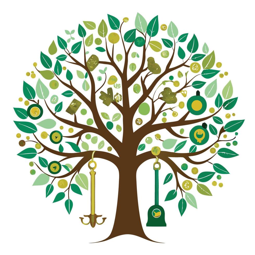 Conceptual tree artwork with keys and locks as foliage symbolizing solutions, security, and new beginnings vector