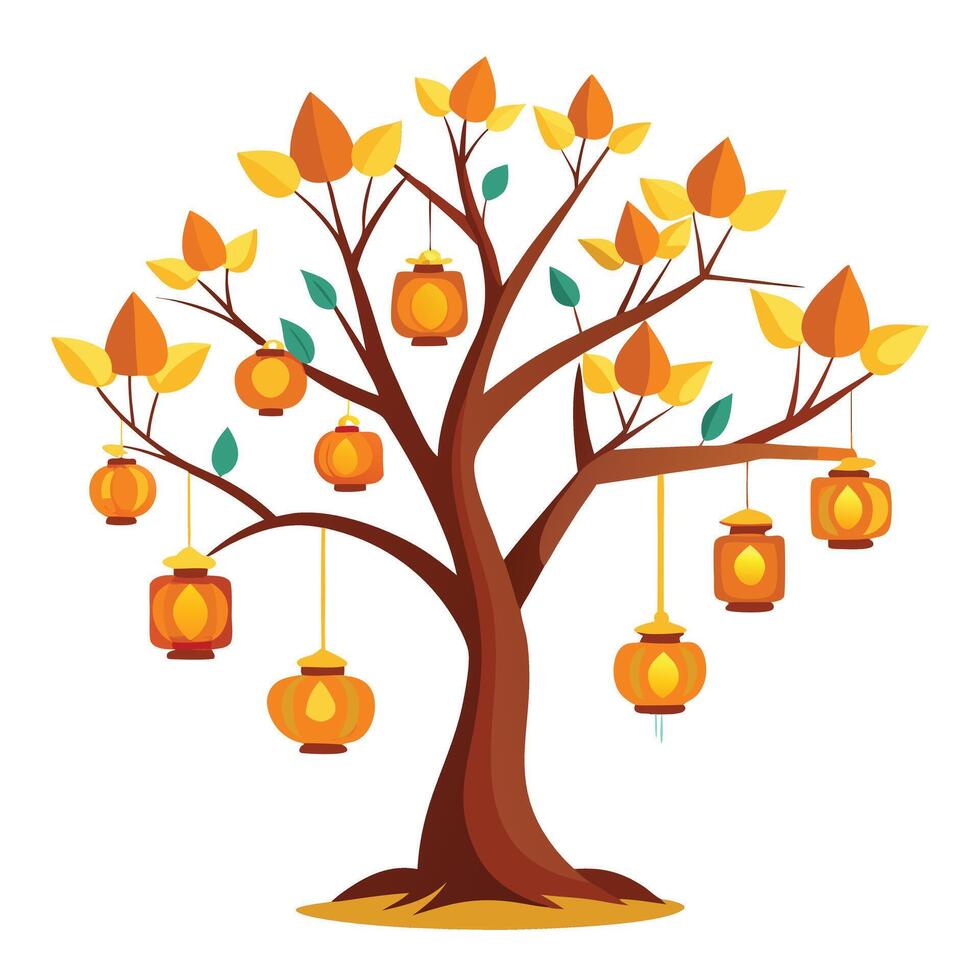 Unique tree illustration with hanging lanterns instead of leaves adding a magical and decorative touch vector