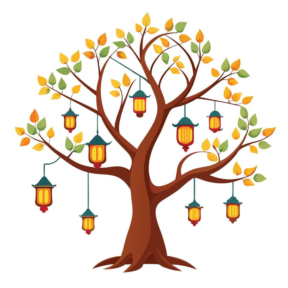 Artistic tree design featuring lanterns hanging from branches conveying themes of festivity and warmth vector