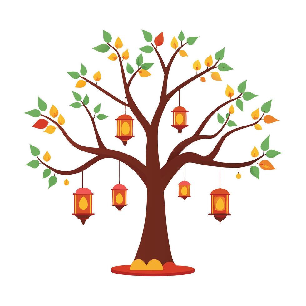 Conceptual tree artwork with multiple lanterns hanging from its branches symbolizing joy and celebration vector