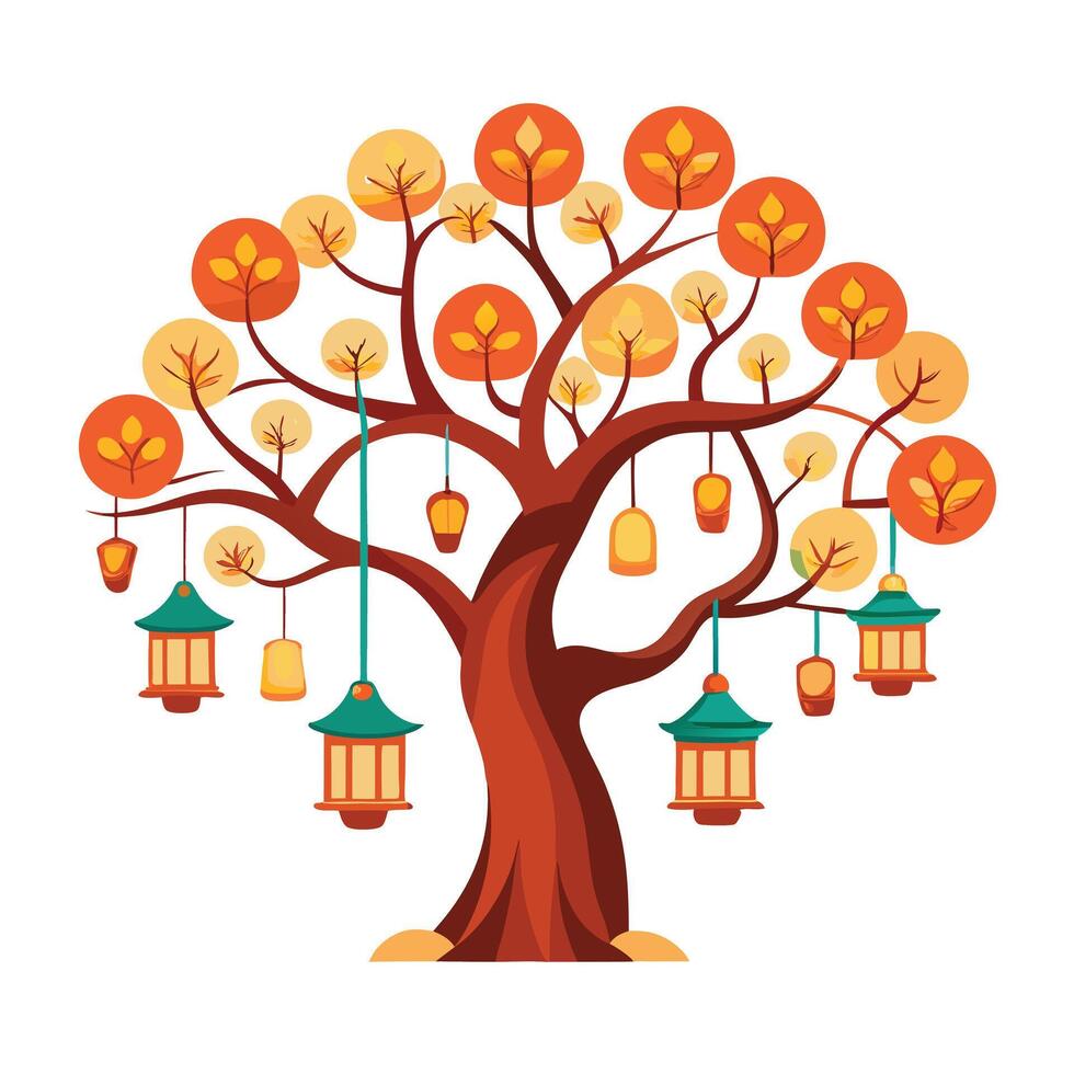 Vibrant tree illustration with colorful lanterns hanging from branches adding a festive and lively touch vector