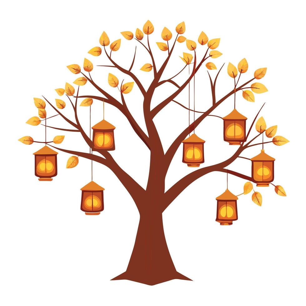 Conceptual tree artwork with glowing lanterns replacing leaves symbolizing fantasy and a dreamlike ambiance vector