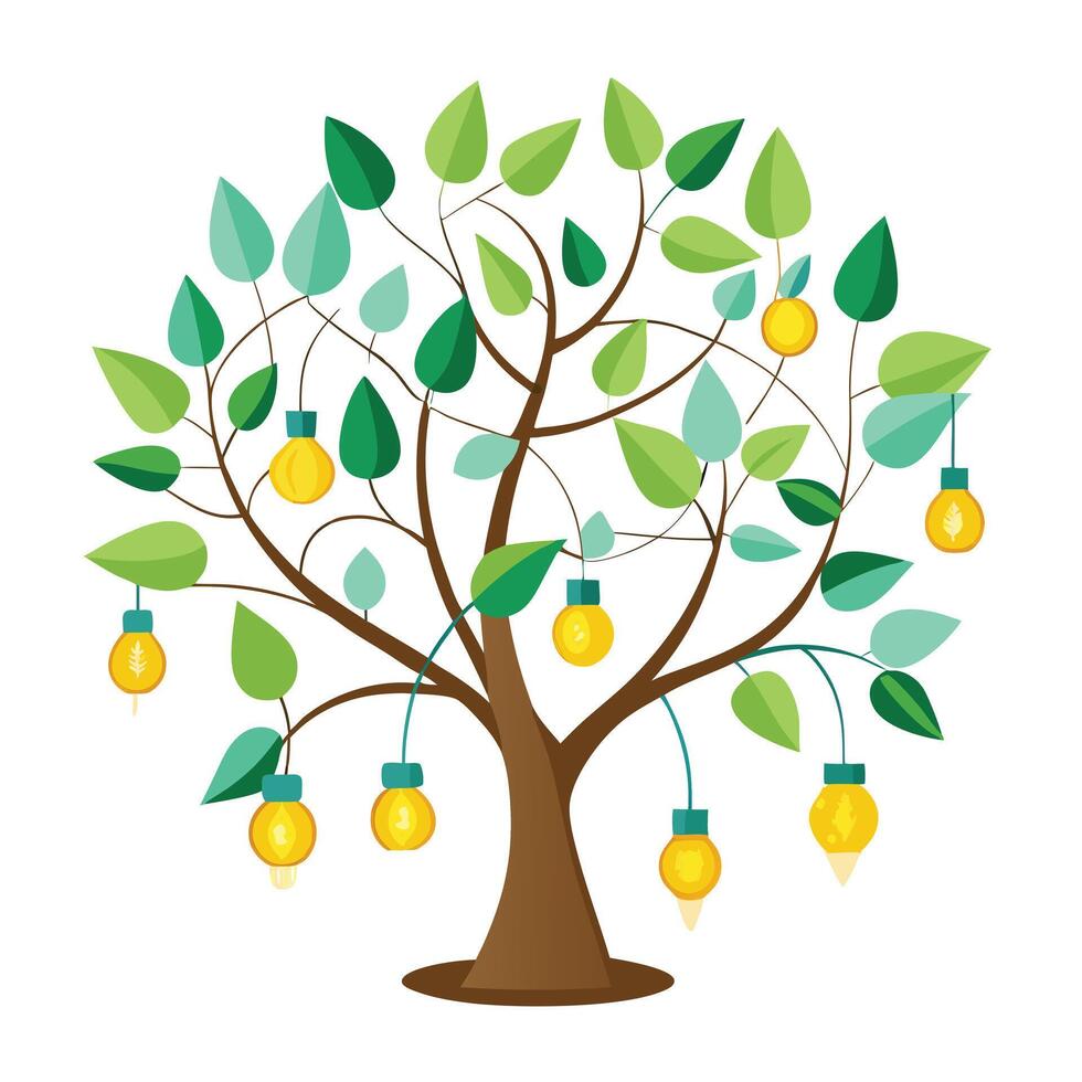 Conceptual tree artwork with glowing light bulbs as leaves symbolizing enlightenment and brilliant thoughts vector