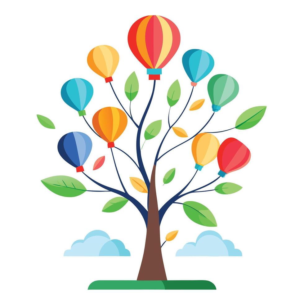 Whimsical tree design featuring hot air balloons as leaves drifting peacefully in the sky vector