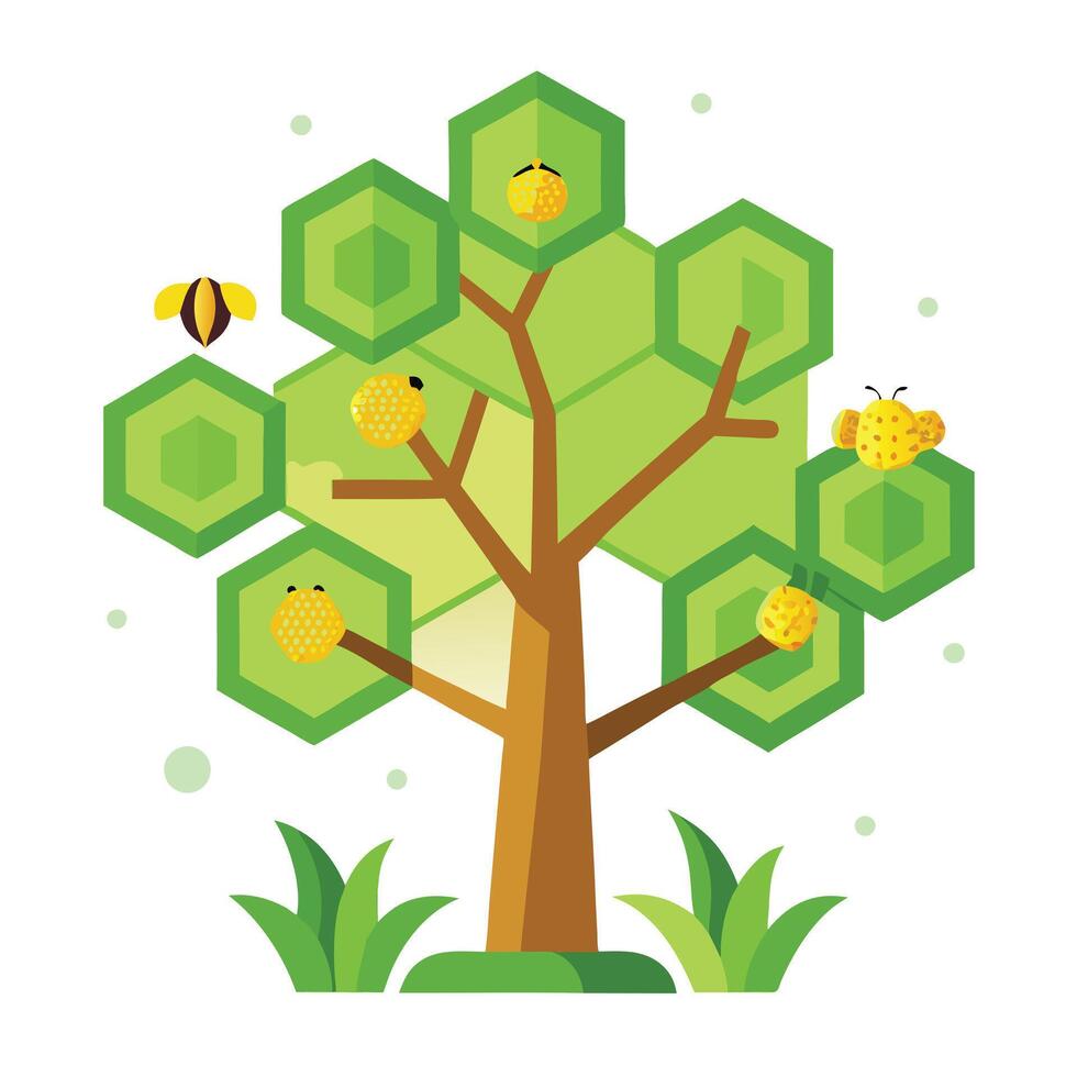 Nature-inspired tree with honeycomb-shaped leaves and buzzing bees around it vector