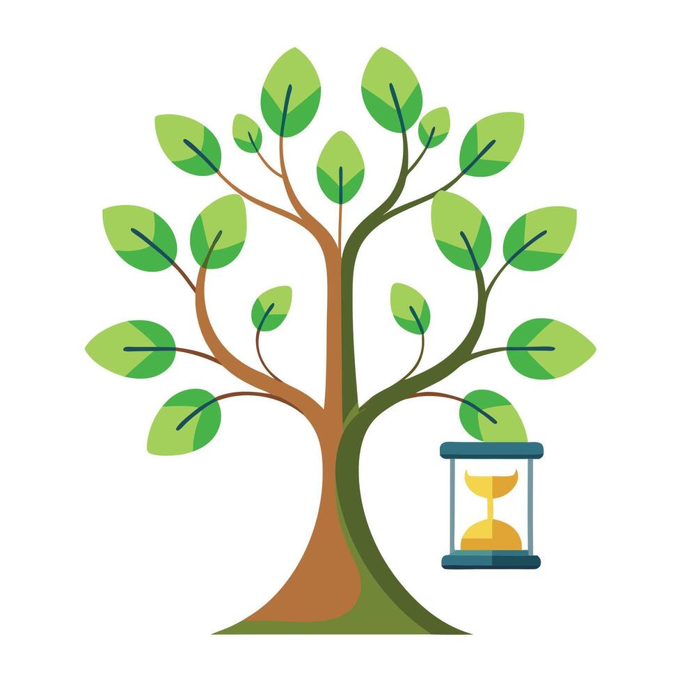 Symbolic tree design featuring hourglass and clock as leaves conveying the concept of time management vector