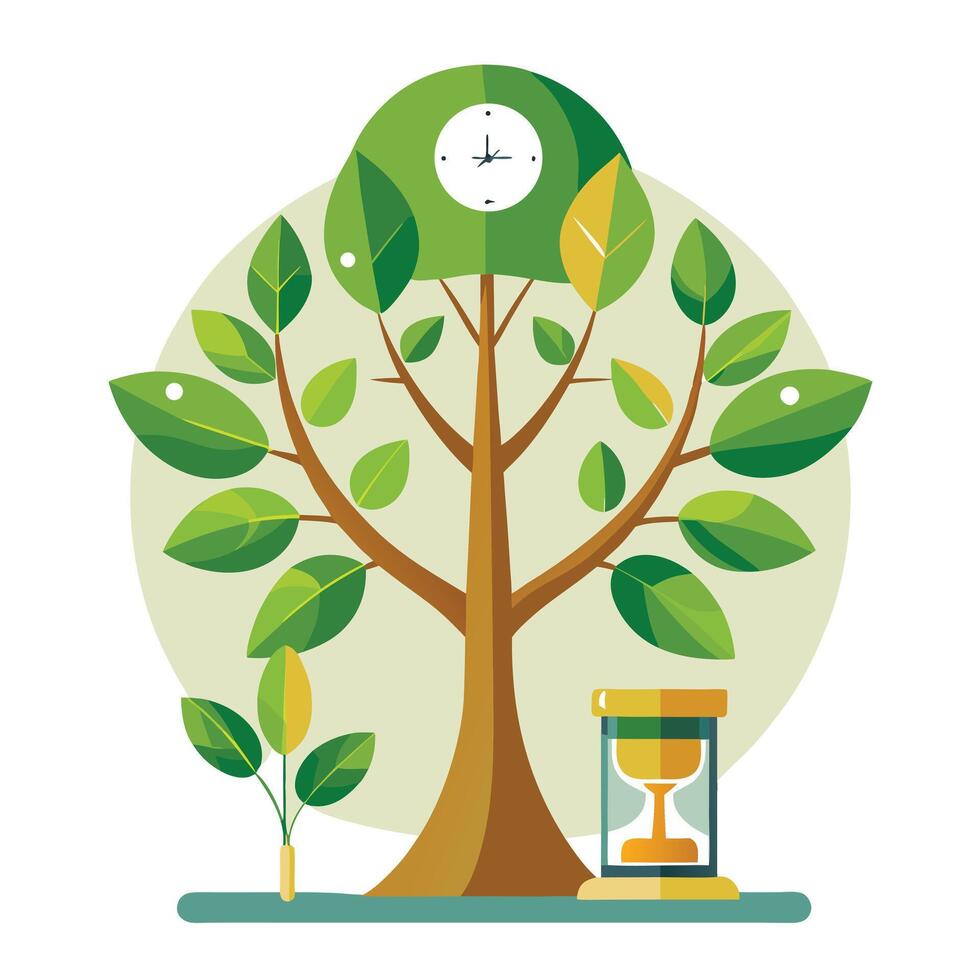 Time-themed tree with hourglass and clock faces as its symbolic leaves vector