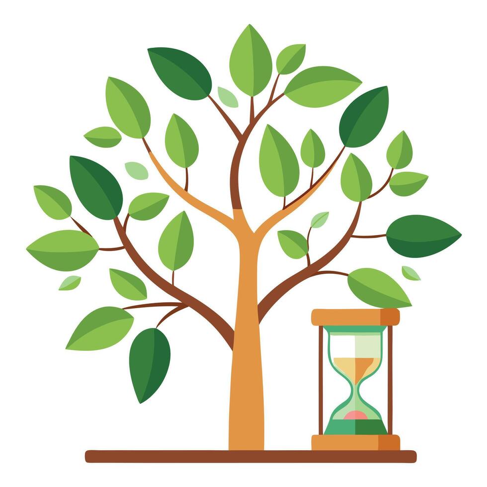 Artistic tree artwork with hourglass and clock shaped foliage representing the flow and measurement of time vector