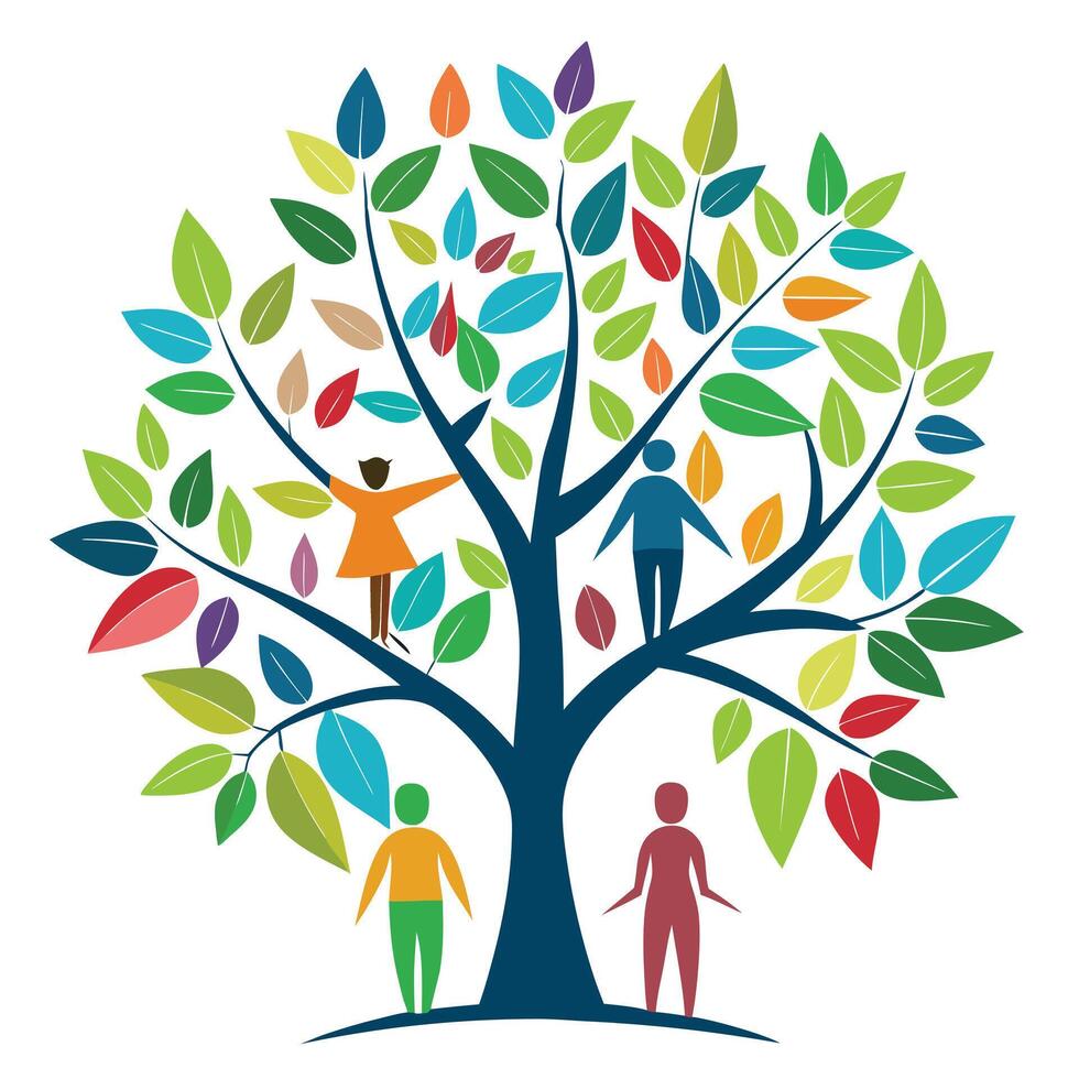 Artistic tree illustration featuring human silhouettes as leaves conveying themes of humanity and connection vector