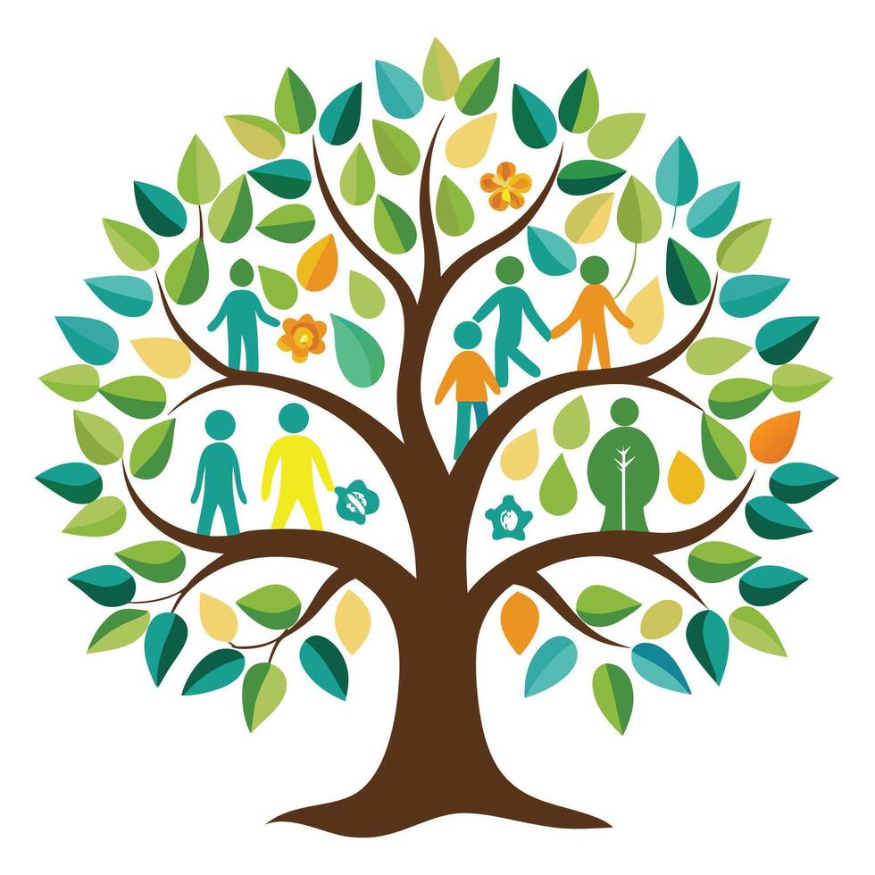 Diverse tree illustration with multiple human silhouettes as leaves symbolizing unity and diversity vector