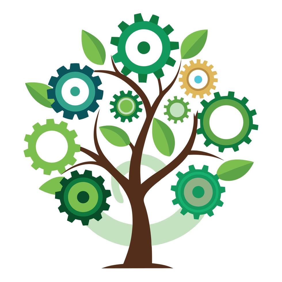 Industrial tree design featuring interlocking gears as leaves conveying themes of machinery and progress vector