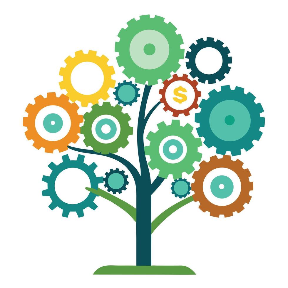 Industrial tree illustration featuring interlocking gears as leaves conveying themes of machinery and technical design vector