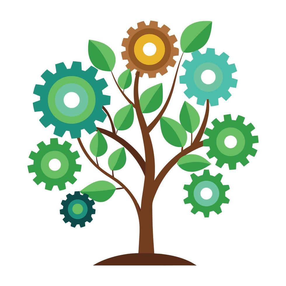 Mechanical tree illustration with interlocking gear shaped leaves representing industry and technology vector