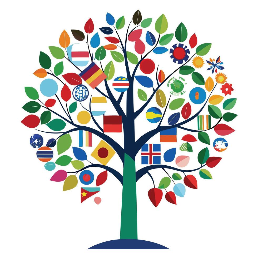Multicultural tree design featuring various international flags as its colorful foliage vector