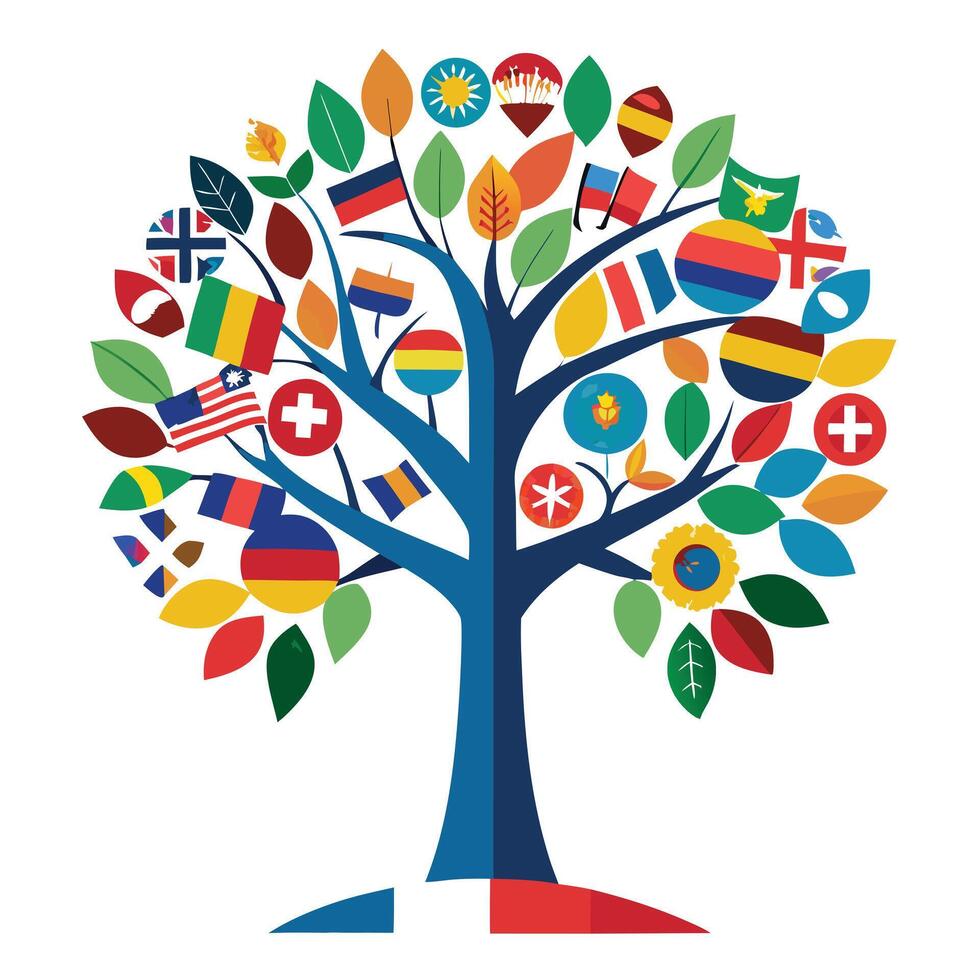 Worldwide tree artwork with leaves shaped like international flags symbolizing global connections vector