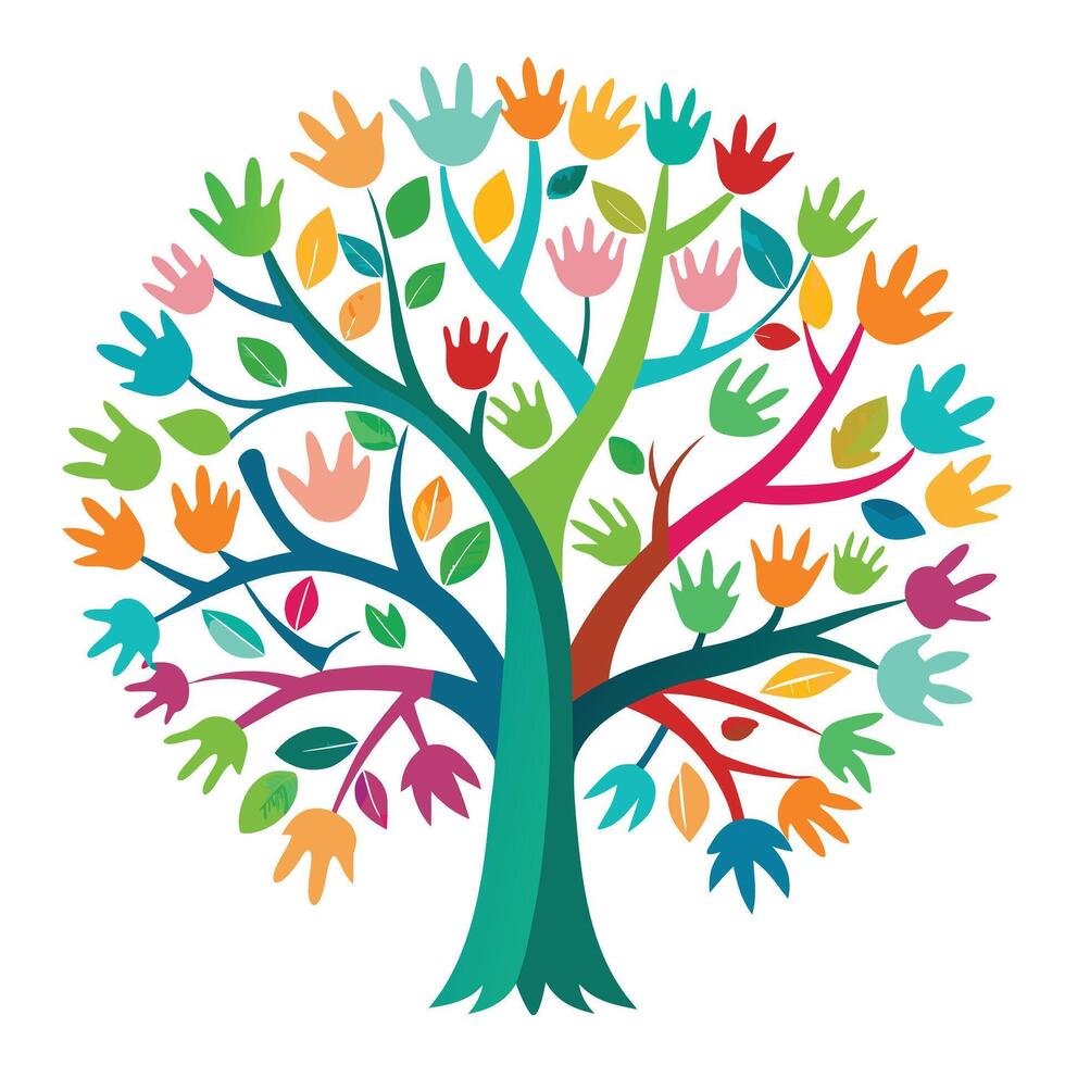Collaborative tree illustration with intertwined human hands forming its branches representing unity vector
