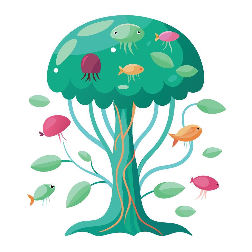 Abstract tree artwork featuring jellyfish and marine creatures as its foliage vector