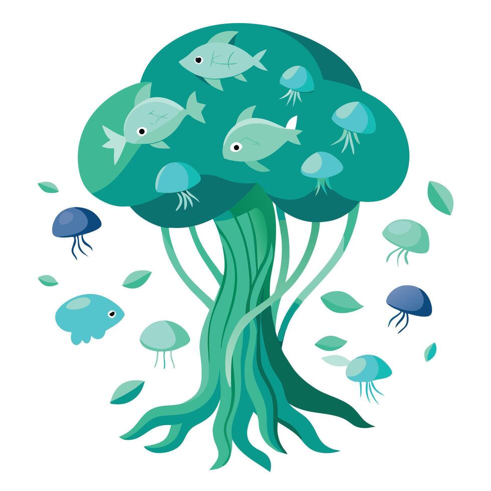 Whimsical tree illustration with jellyfish and sea animals as its leaves vector