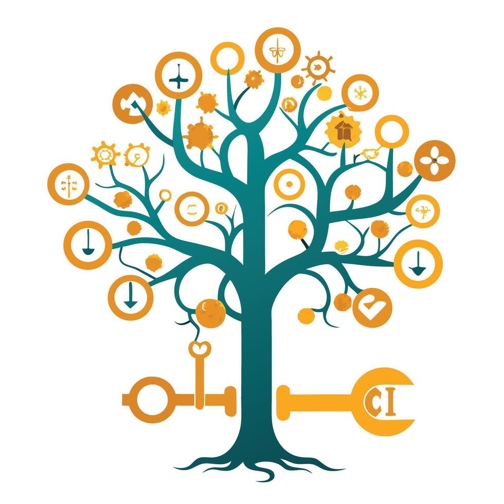 Unique tree graphic showcasing key-shaped elements as its branch structure vector