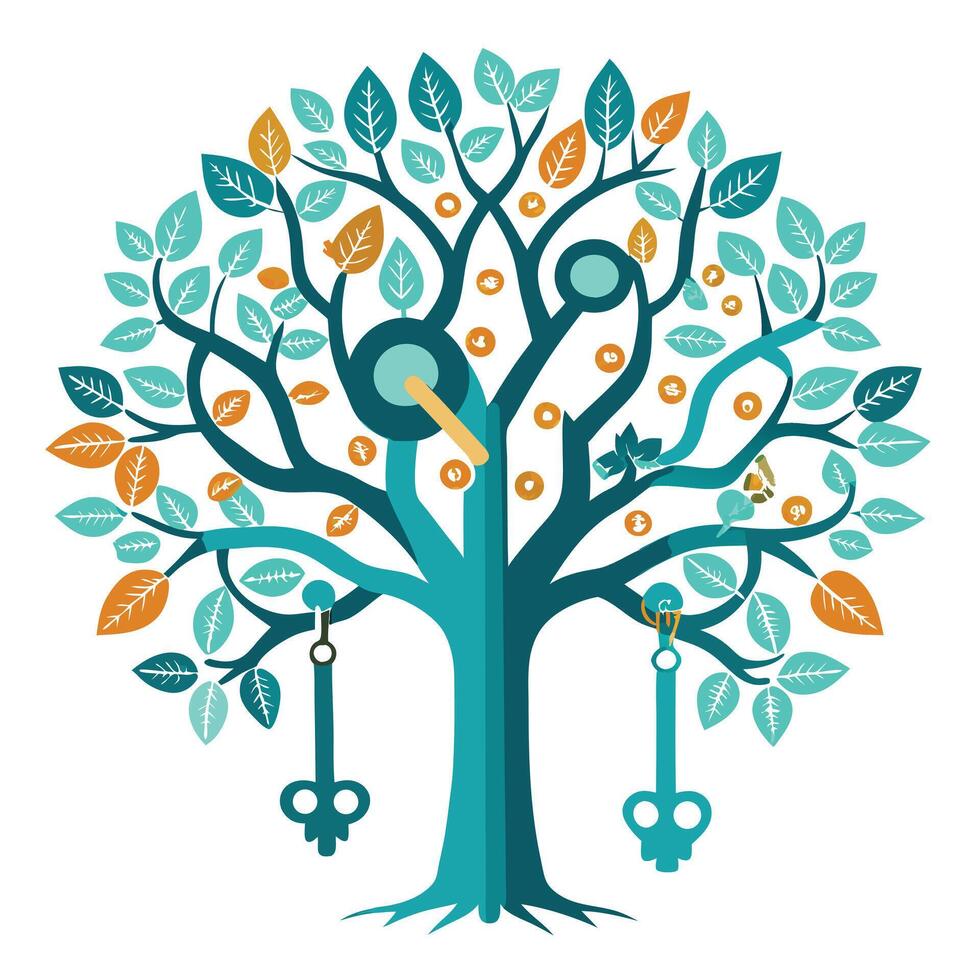 Abstract tree artwork featuring key-shaped structures as its branches vector