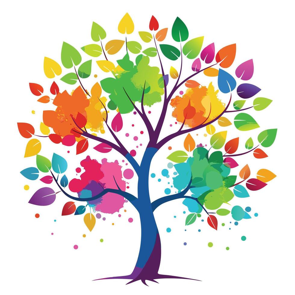 Artistic tree illustration with leaf-shaped watercolor blobs creating a vibrant and abstract design vector