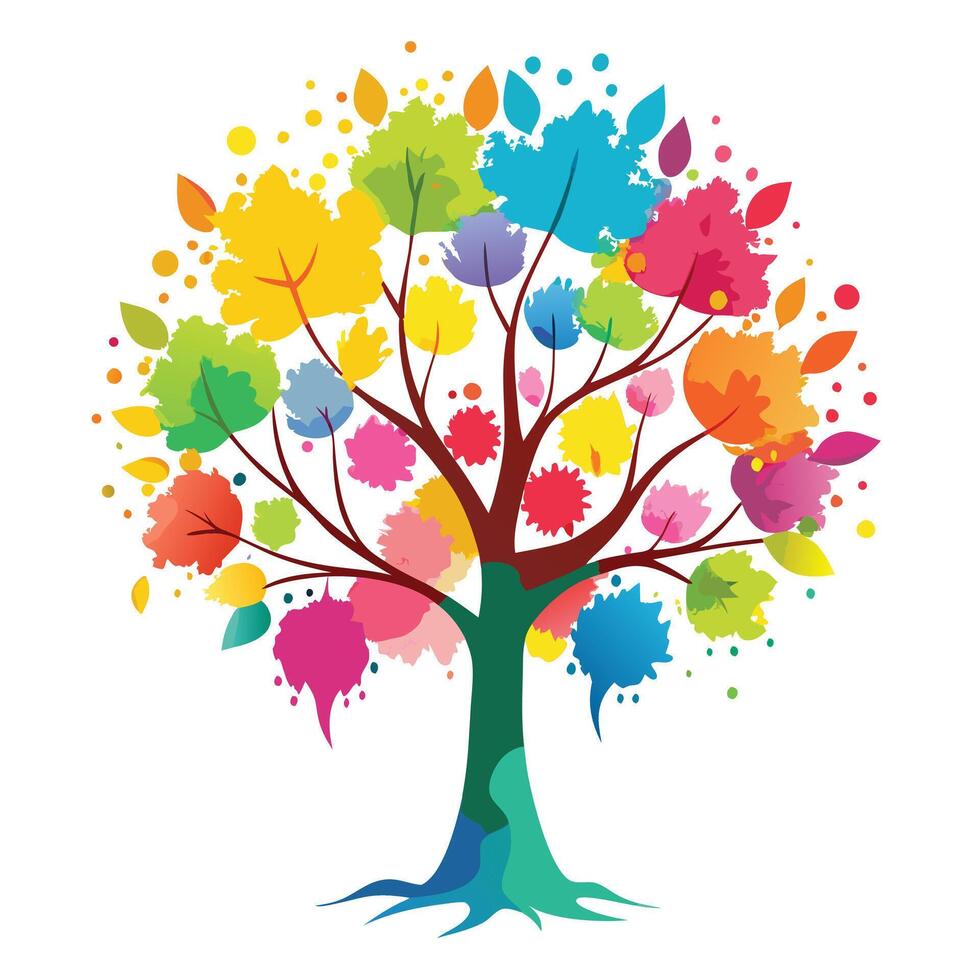 Artistic tree illustration with leaf-shaped watercolor blobs for a vibrant and creative expression vector