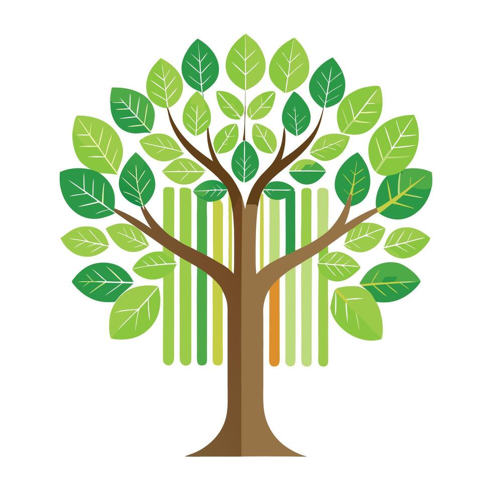 Unique tree illustration with a leafy barcode pattern representing the interconnectedness of nature and technology vector
