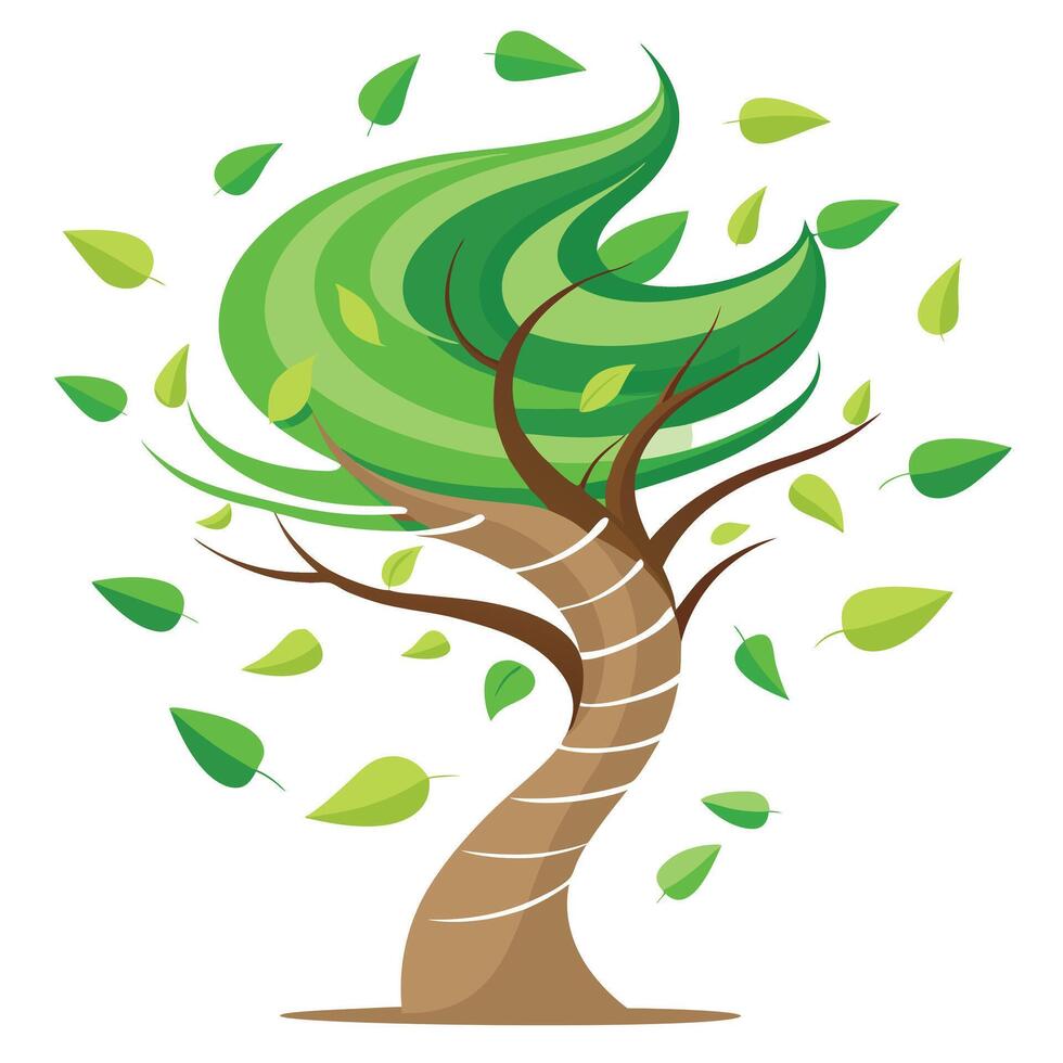 Dynamic tree illustration with a leafy tornado spiral design representing energy and nature's power vector