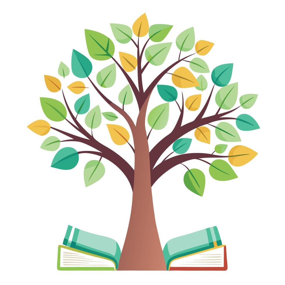 Educational tree illustration with leaves shaped like books representing learning and knowledge vector