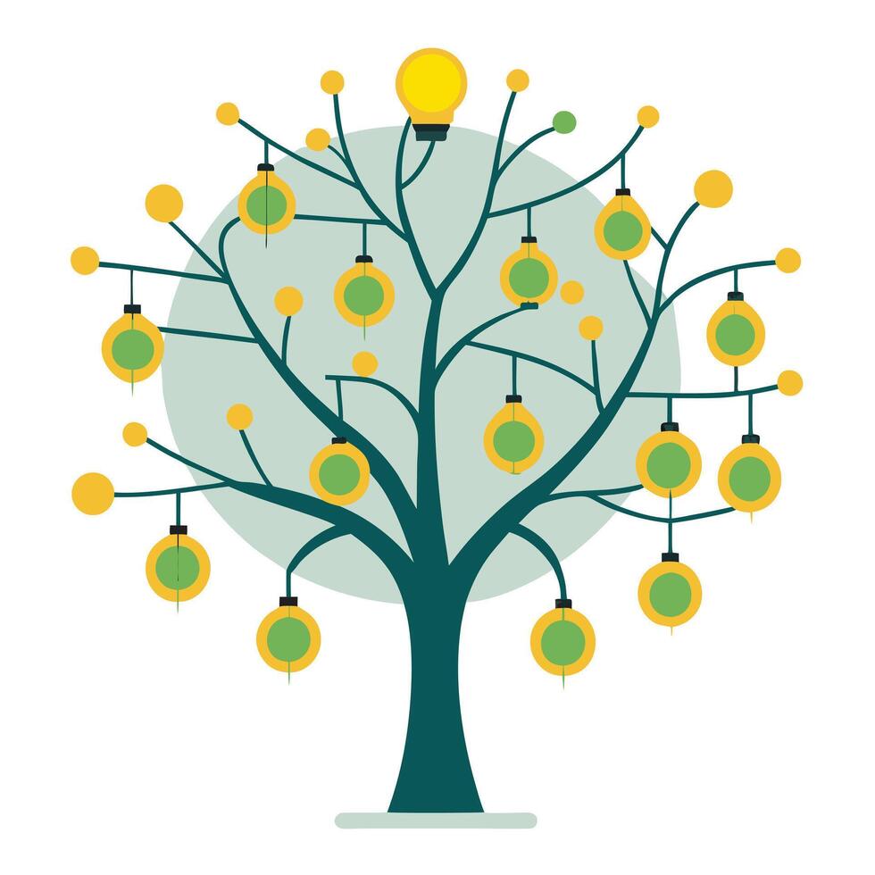 Bright idea tree illustration with light bulb fruits representing innovation and solutions vector