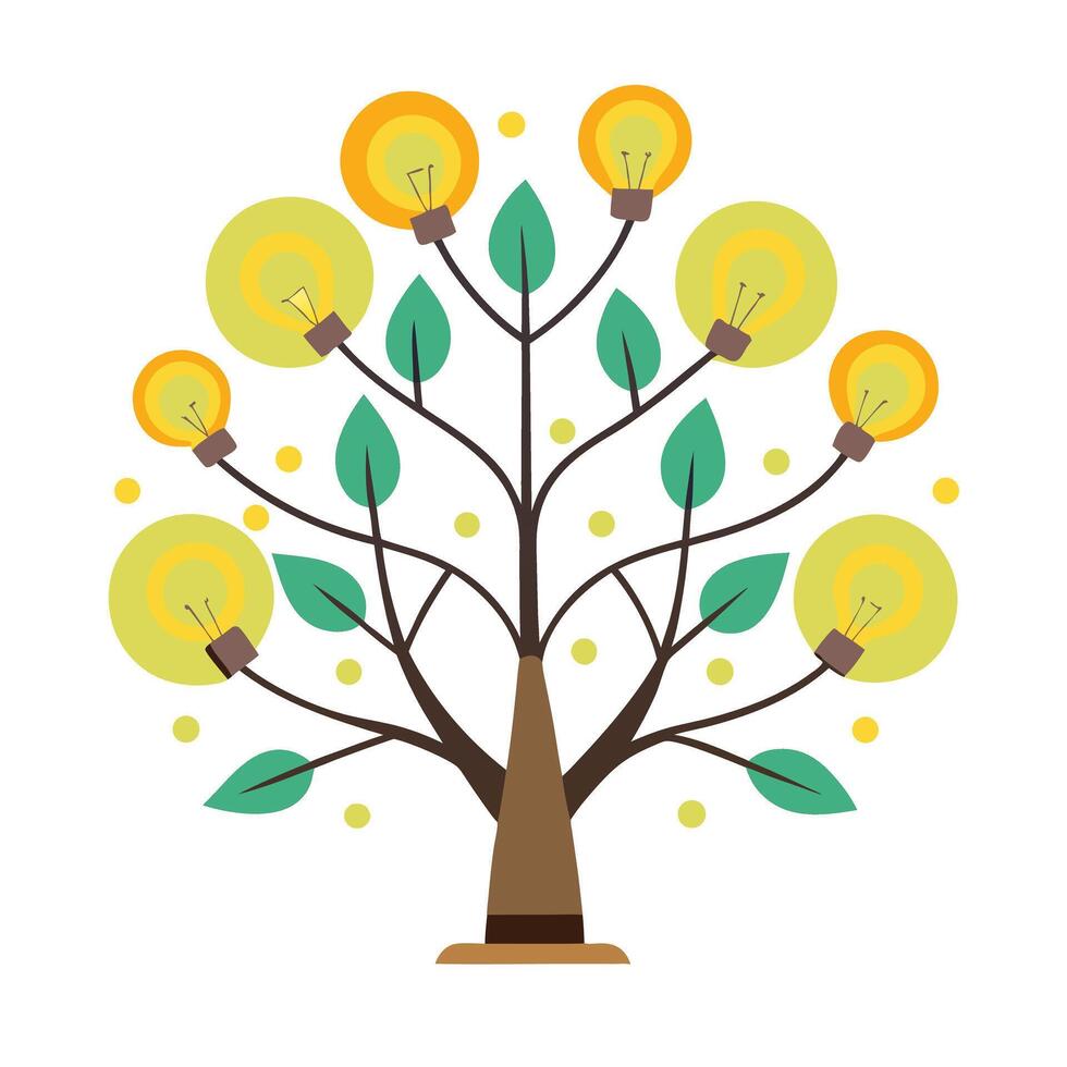 Bright idea tree artwork with light bulb leaves symbolizing innovation and problem-solving vector
