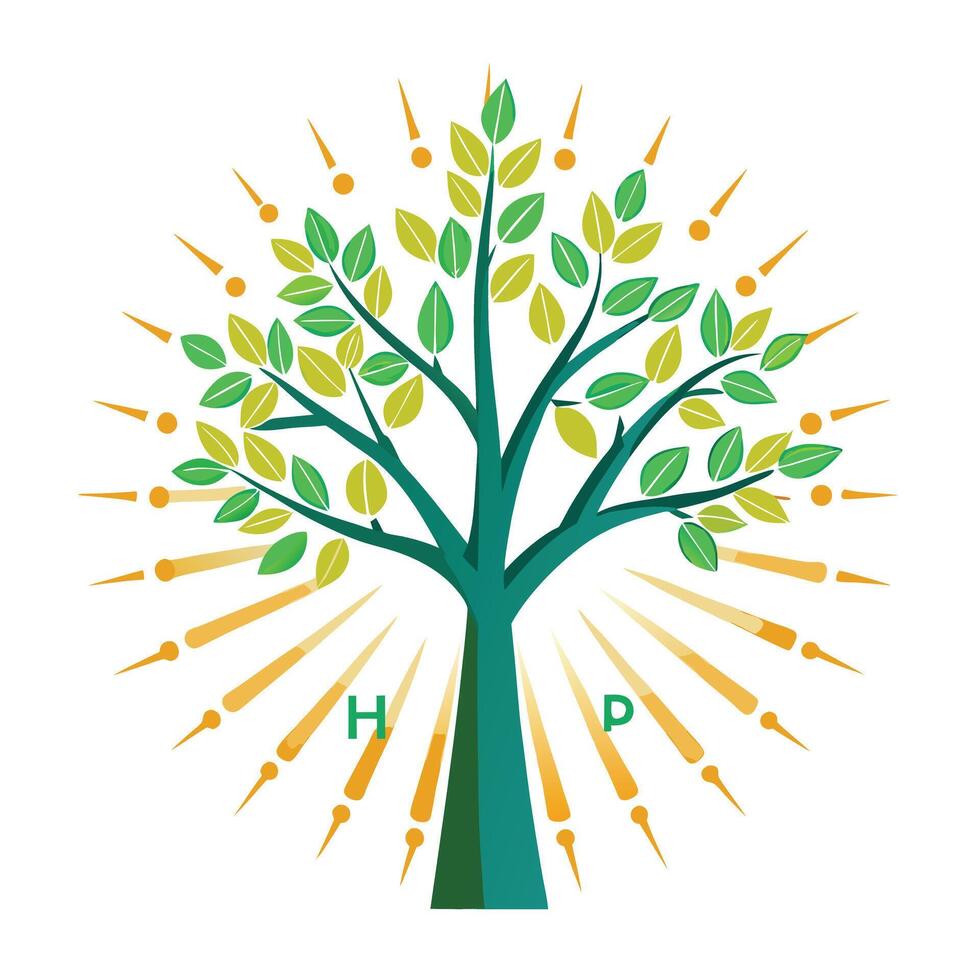 Luminous tree design featuring light rays as foliage conveying themes of energy and brightness vector