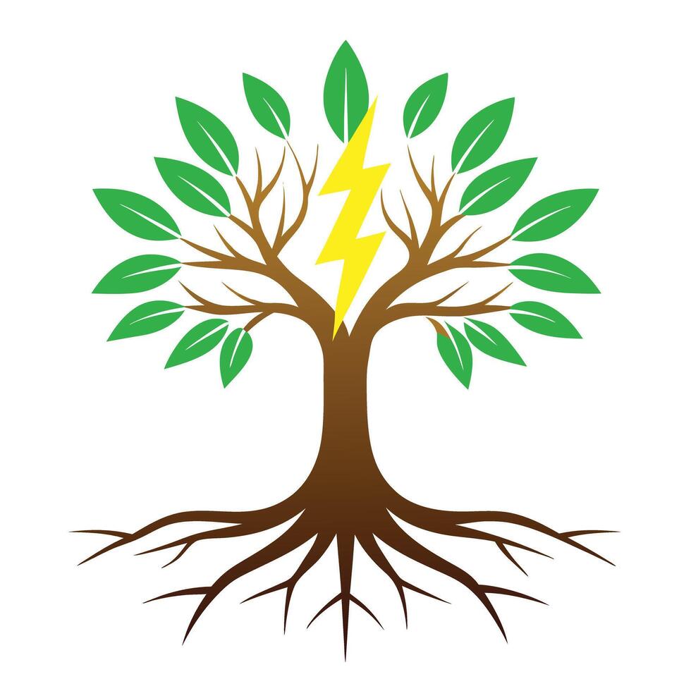 Energetic tree design featuring lightning bolt shaped roots conveying themes of power and force vector