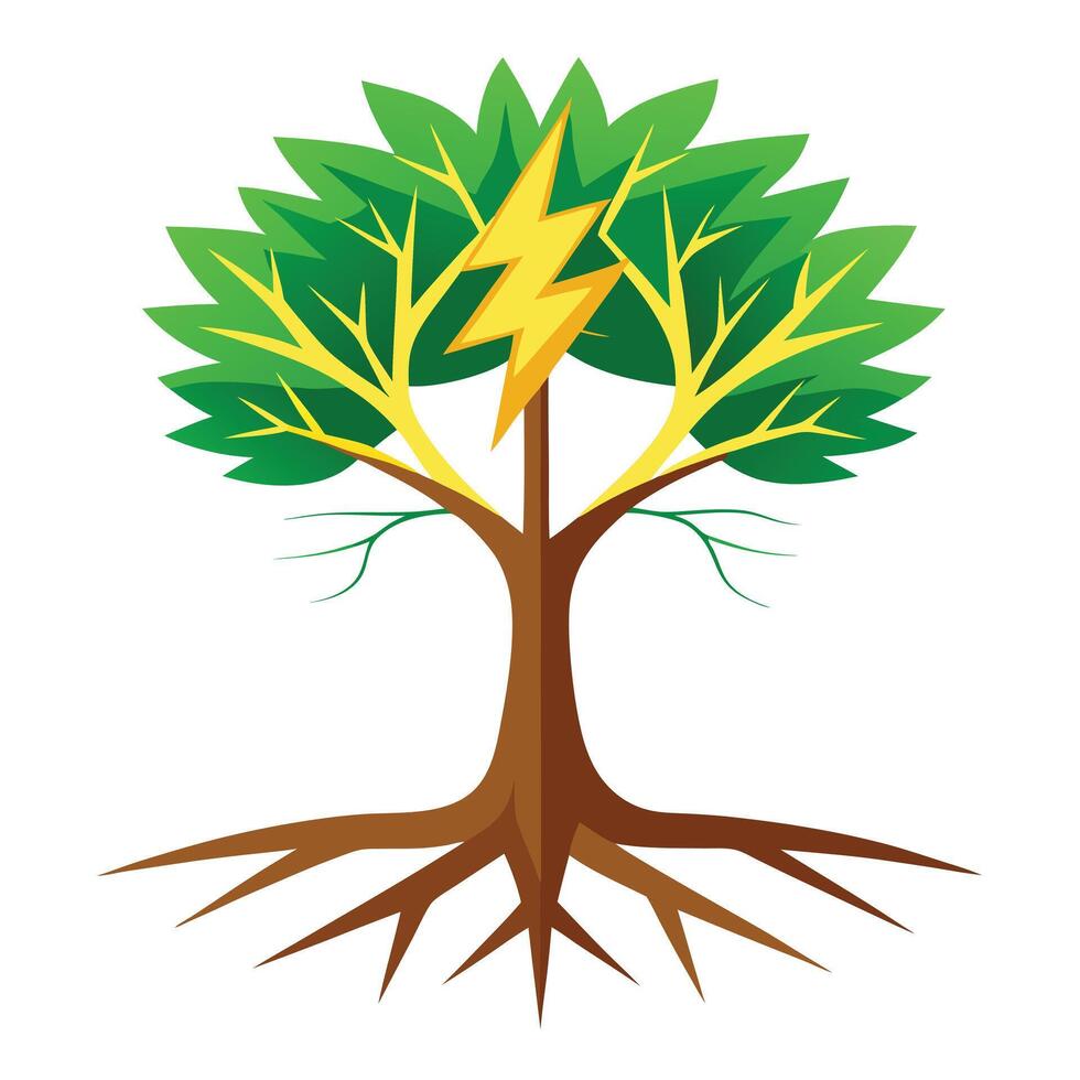 Striking tree artwork with lightning bolt shaped roots symbolizing power and electrical energy vector