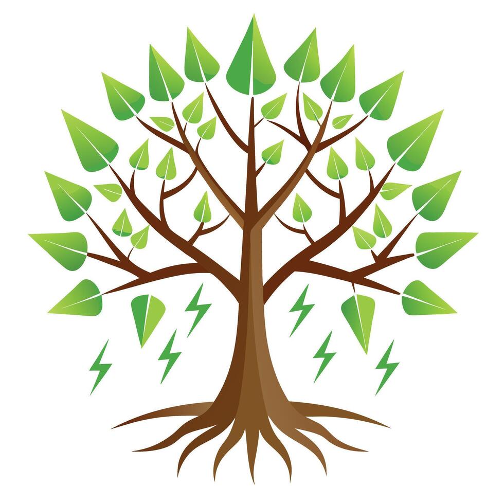 Dynamic tree design featuring lightning branches and water drop roots conveying themes of power and life vector