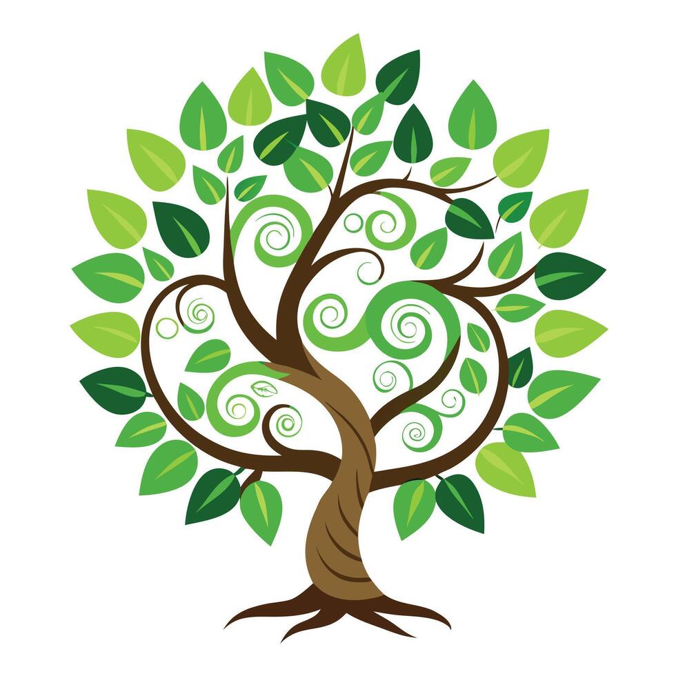 Growing tree illustration with lush vine spiral leaves representing organic movement and natural vitality vector